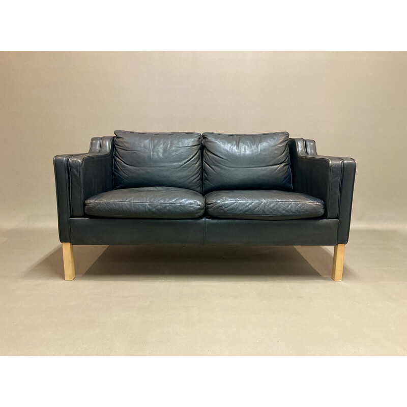 Vintage Scandinavian 2-seater sofa in black leather and pine, 1960s