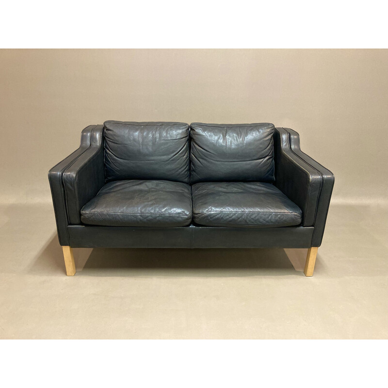 Skandinavisches 2-Sitzer Vintage-Sofa aus schwarzem Leder und Kiefer, 1960