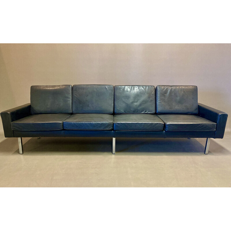 Vintage 4 seater black leather and metal sofa, 1950s