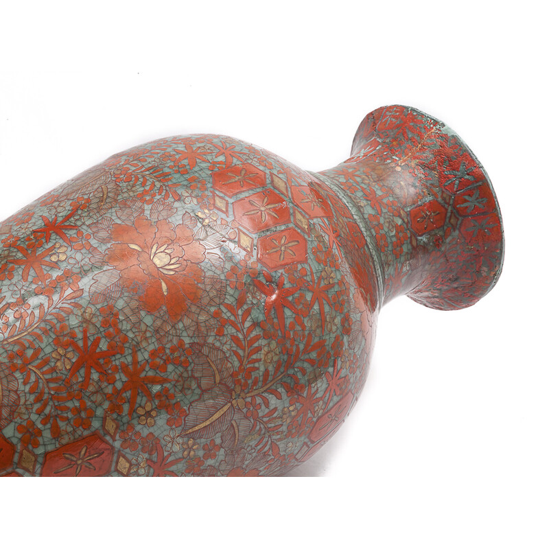 Vase vintage en laque bleu céladon, rouge et or, Chine