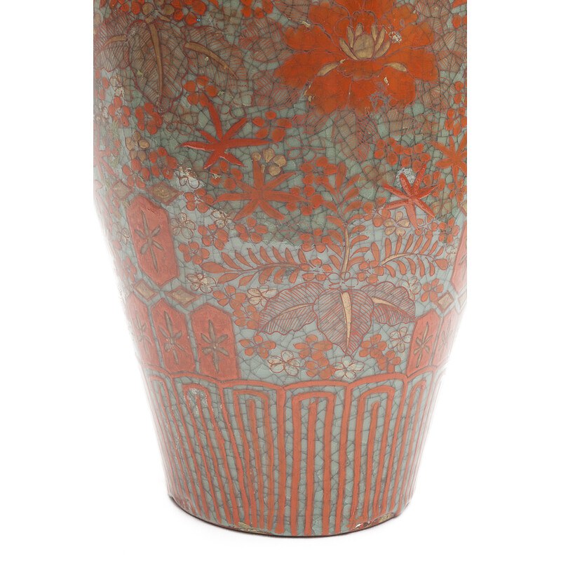 Vase vintage en laque bleu céladon, rouge et or, Chine