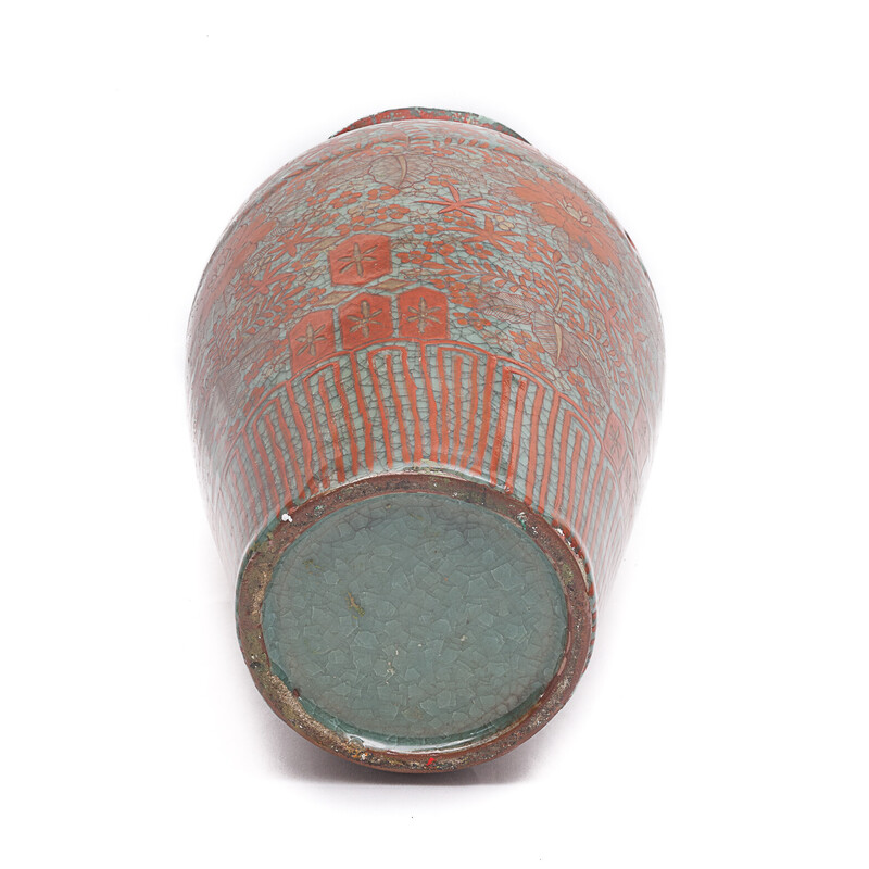 Vaso vintage in lacca celadon blu, rossa e oro, Cina