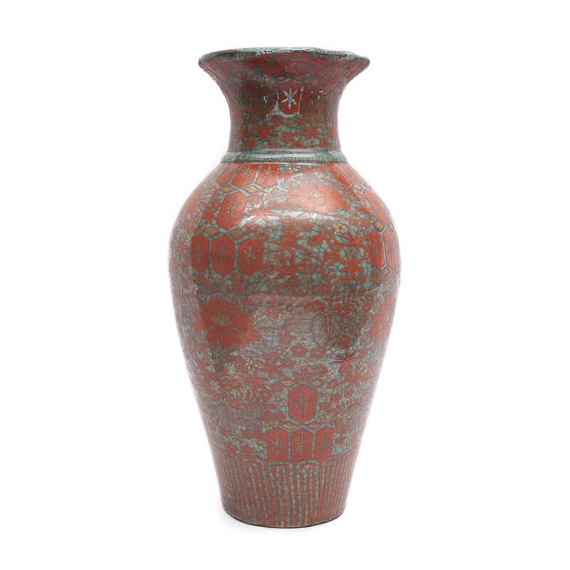 Vaso vintage in lacca celadon blu, rossa e oro, Cina