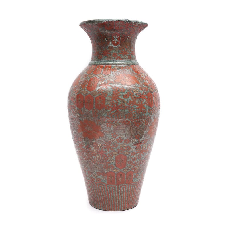 Vintage-Vase aus Lack in Seladonblau, Rot und Gold, China