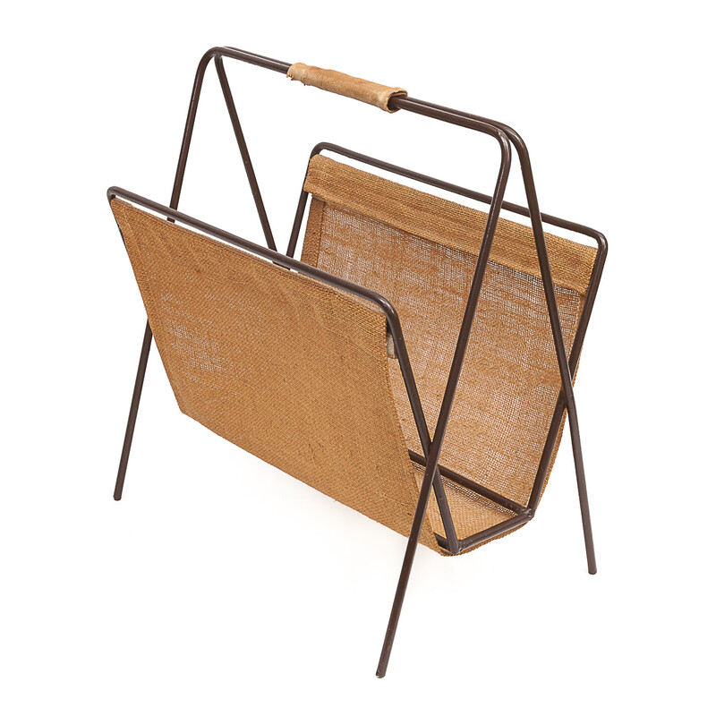 Vintage burlap and steel magazine rack, 1970s