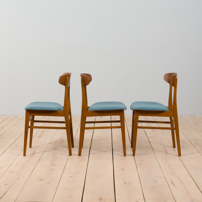 Satz von 3 Stühlen aus Teakholz und hellblauer Wolle für Farstrup, Dänemark 1960er Jahre