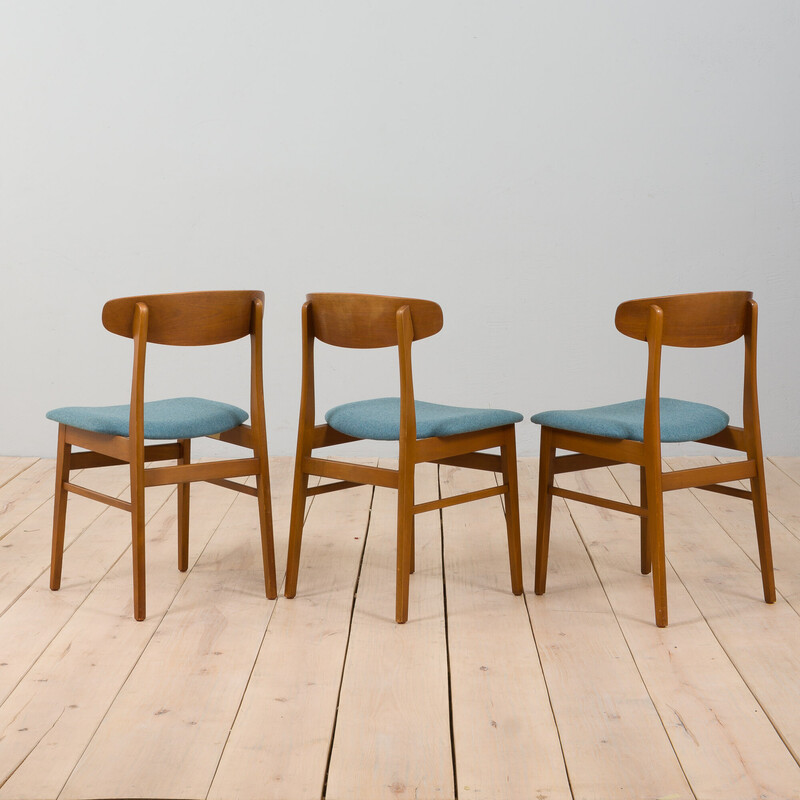 Set of 3 vintage chairs in teak and pale blue wool for Farstrup, Denmark 1960s