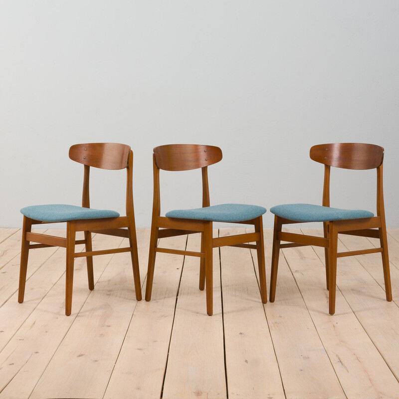 Set of 3 vintage chairs in teak and pale blue wool for Farstrup, Denmark 1960s