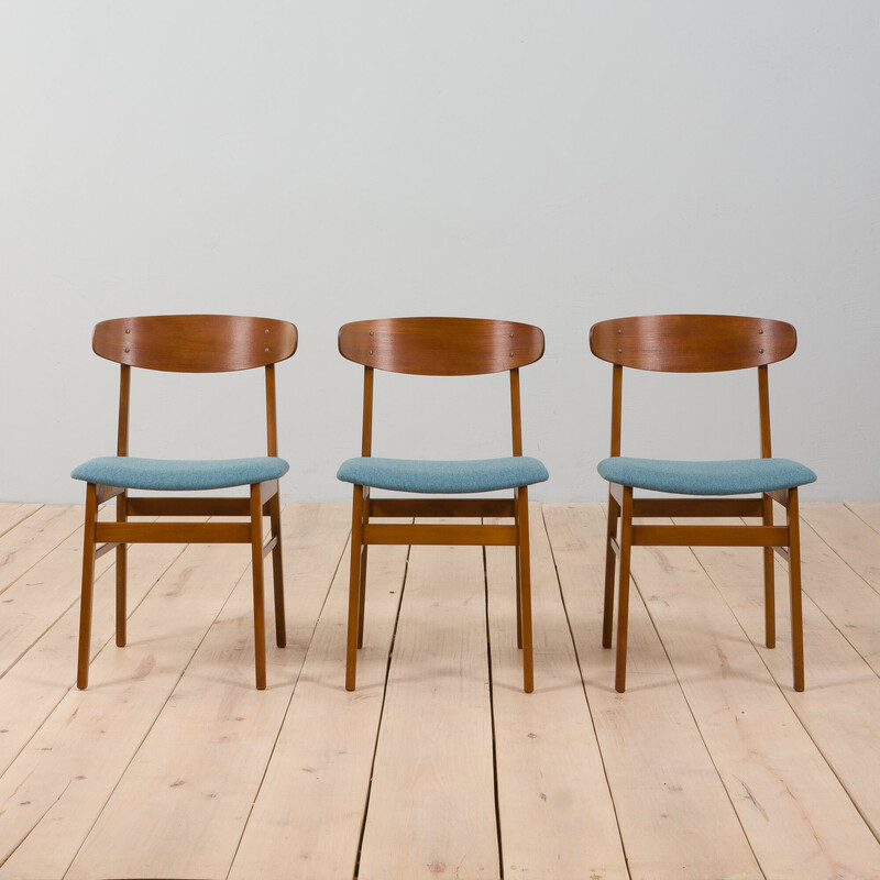 Set of 3 vintage chairs in teak and pale blue wool for Farstrup, Denmark 1960s