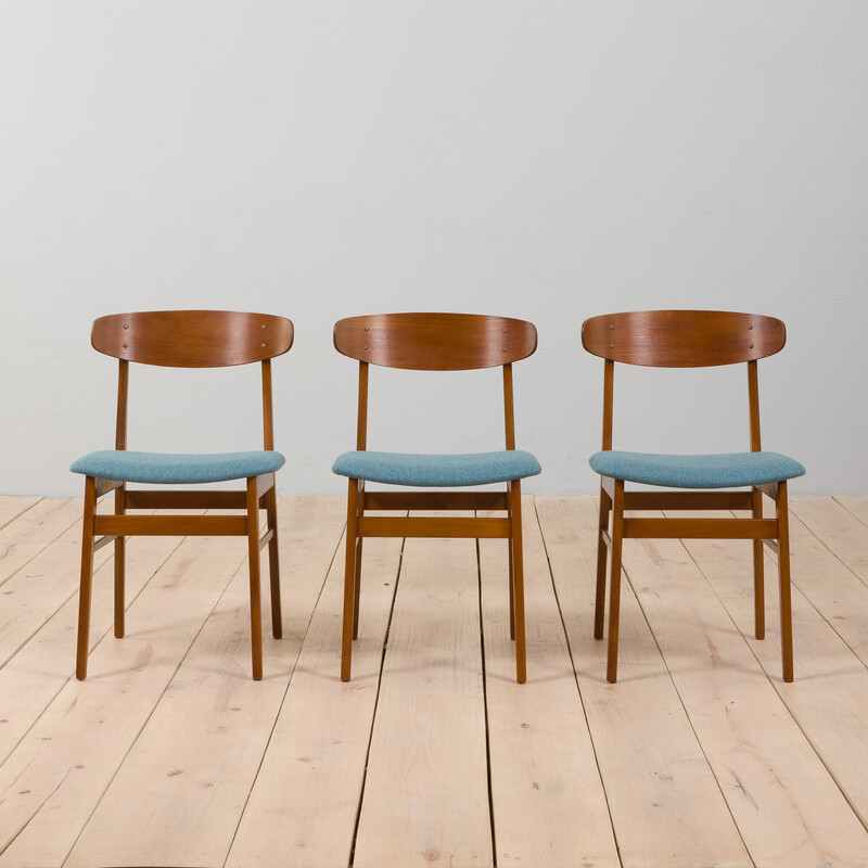 Set van 3 vintage stoelen in teakhout en lichtblauwe wol voor Farstrup, Denemarken 1960