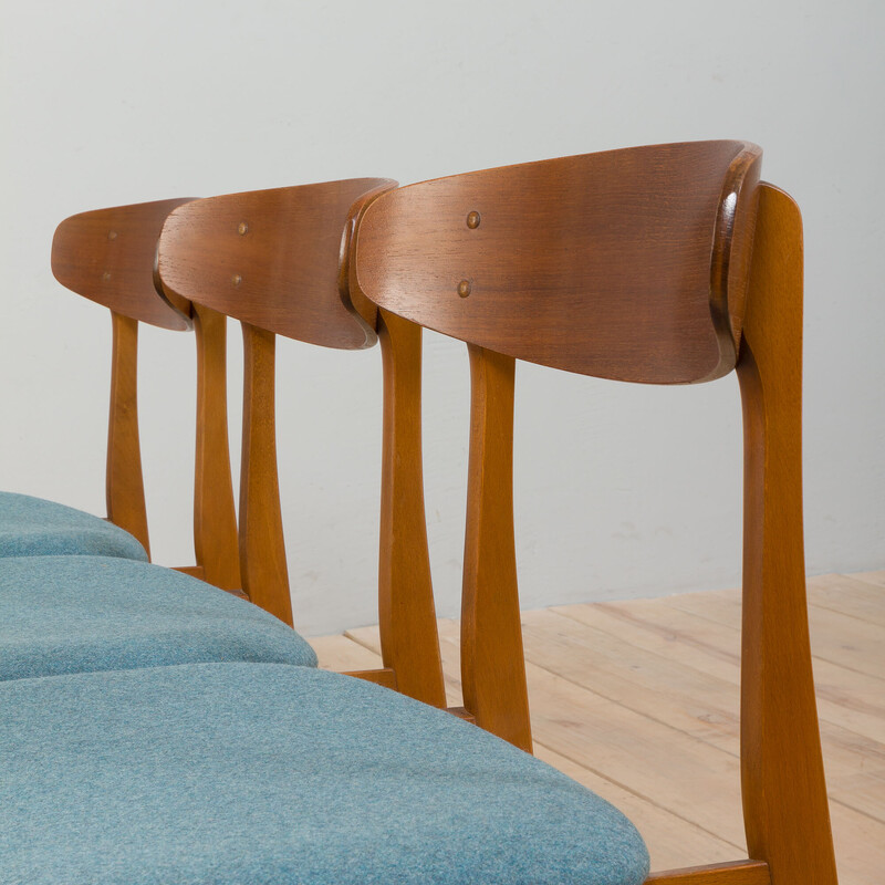 Set of 3 vintage chairs in teak and pale blue wool for Farstrup, Denmark 1960s