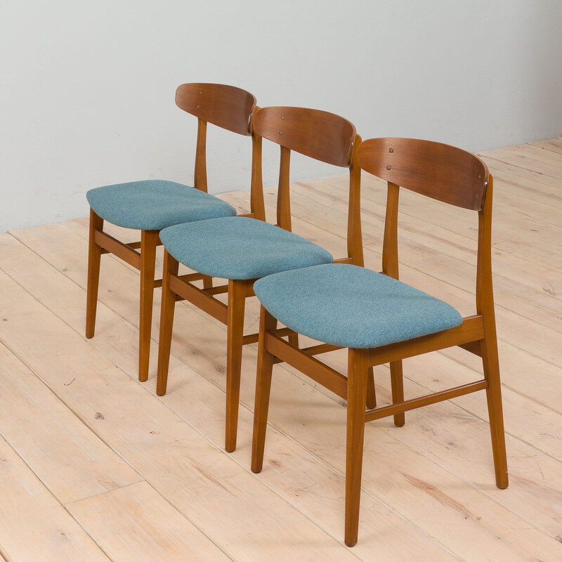 Set of 3 vintage chairs in teak and pale blue wool for Farstrup, Denmark 1960s