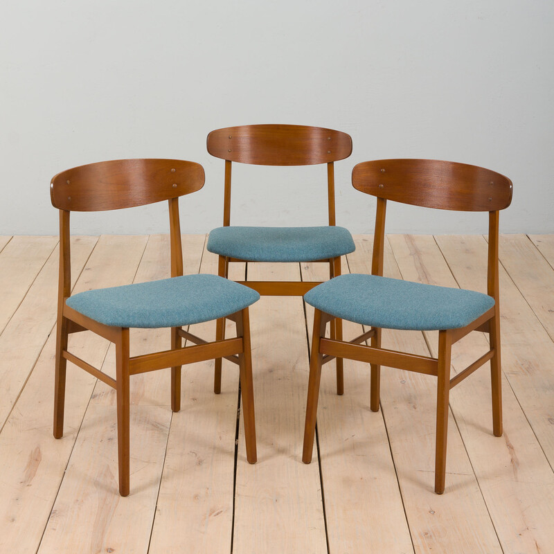 Conjunto de 3 cadeiras vintage em teca e lã azul pálida para a Farstrup, Dinamarca nos anos 60