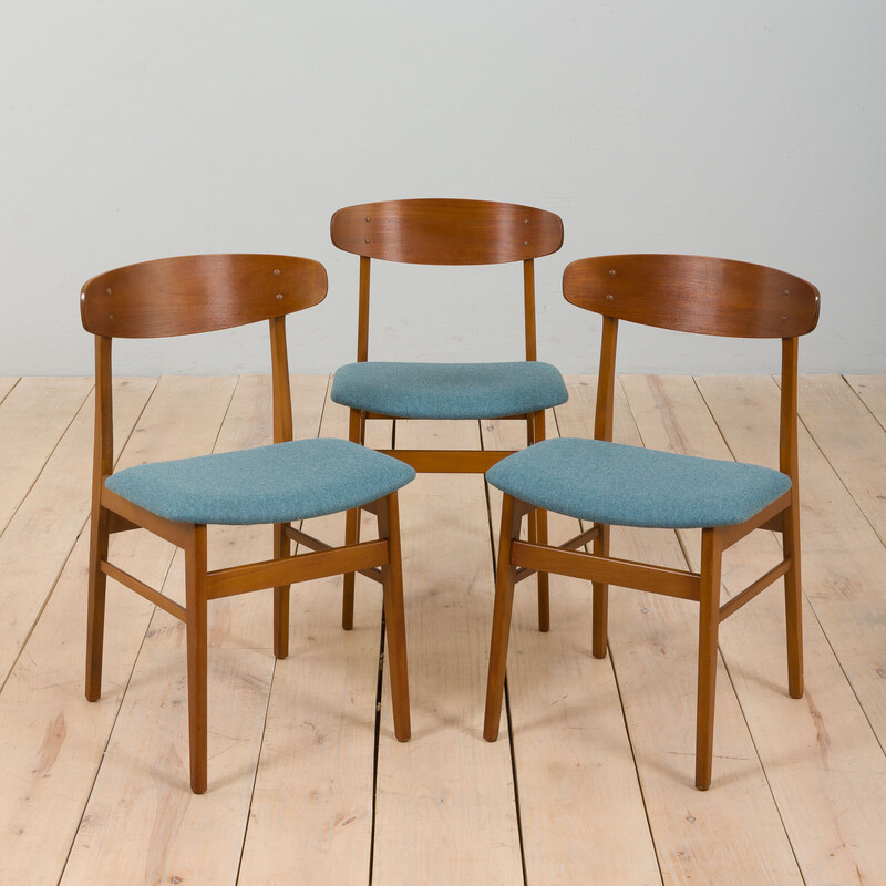 Set van 3 vintage stoelen in teakhout en lichtblauwe wol voor Farstrup, Denemarken 1960