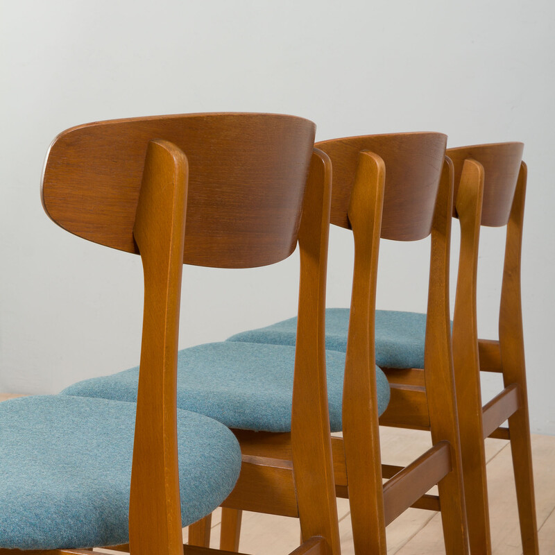 Ensemble de 3 chaises vintage en teck et laine bleu pâle pour Farstrup, Danemark 1960