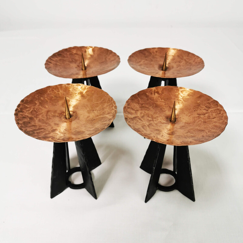 Set of 4 vintage modernist candlesticks in copper, brass and metal, Germany 1970s