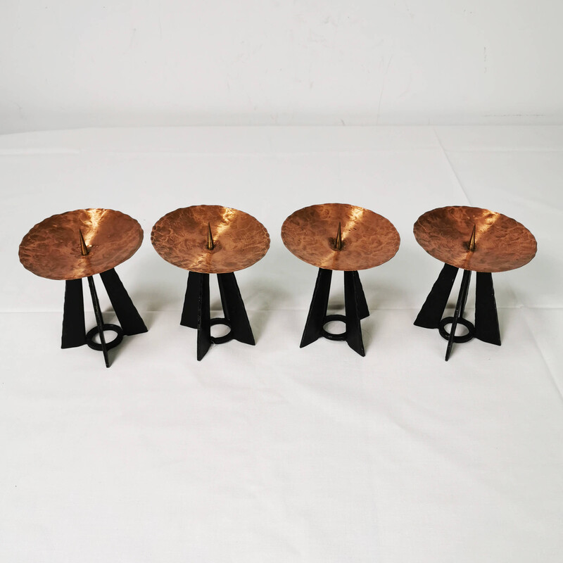 Set of 4 vintage modernist candlesticks in copper, brass and metal, Germany 1970s