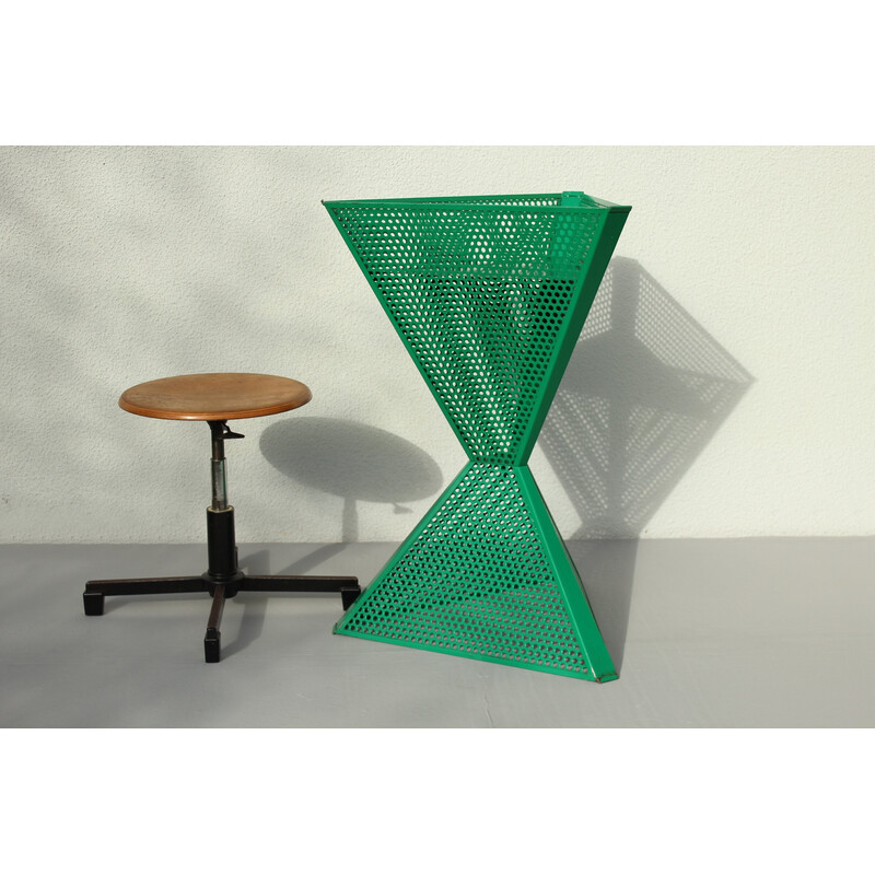 Vintage triangular basket holder in green perforated steel, Germany 1970s-1980s