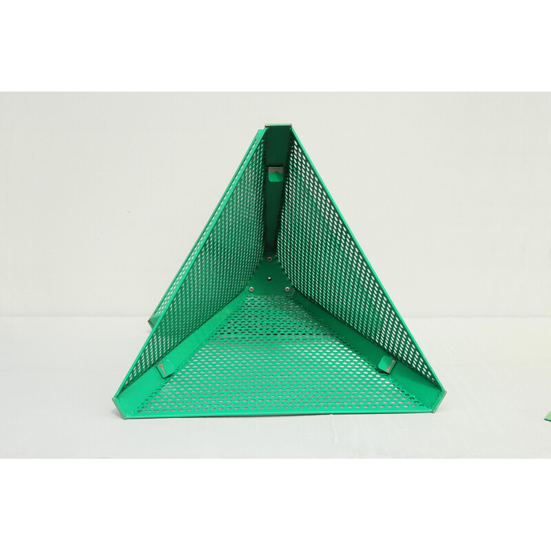 Vintage triangular basket holder in green perforated steel, Germany 1970s-1980s