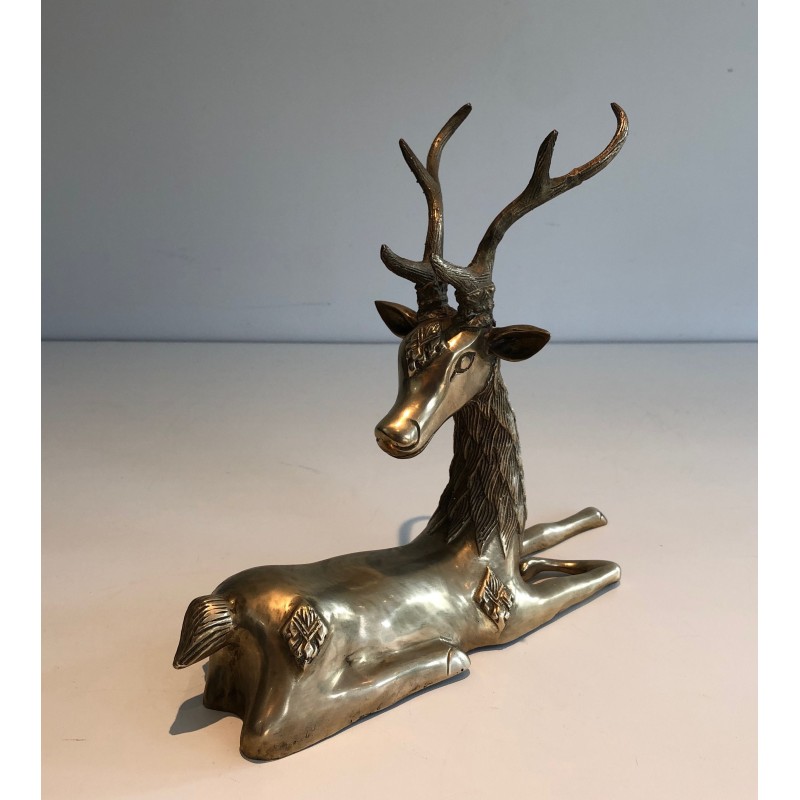 Vintage sculpture "Reclining deer" in brass, France 1970