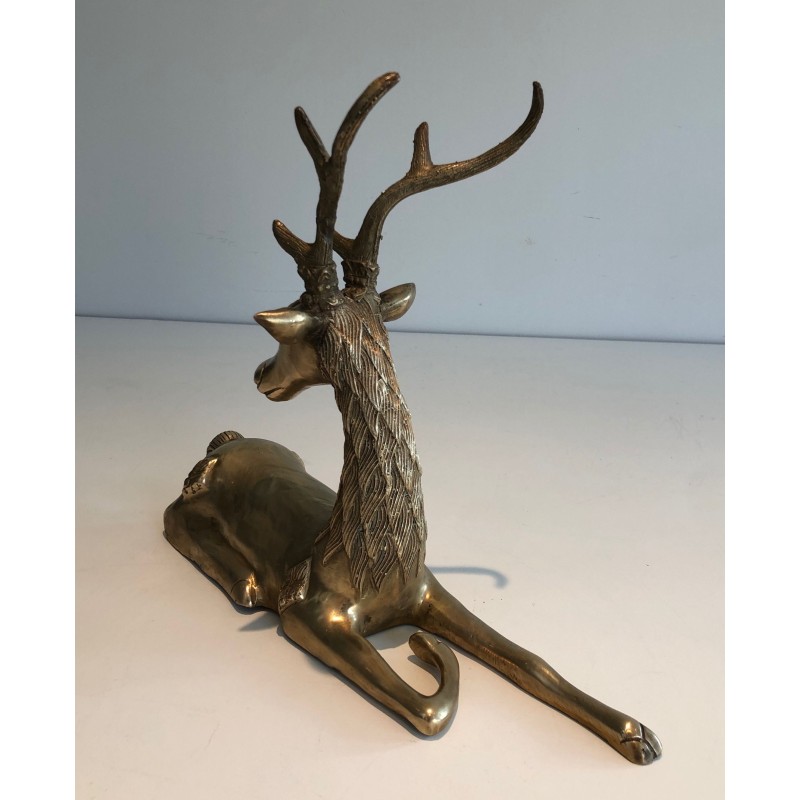 Vintage sculpture "Reclining deer" in brass, France 1970