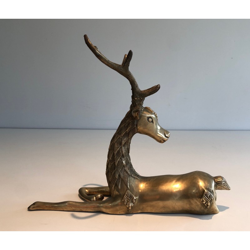 Vintage sculpture "Reclining deer" in brass, France 1970