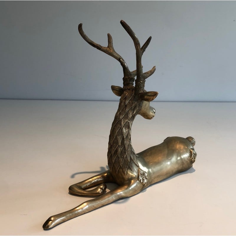 Vintage sculpture "Reclining deer" in brass, France 1970