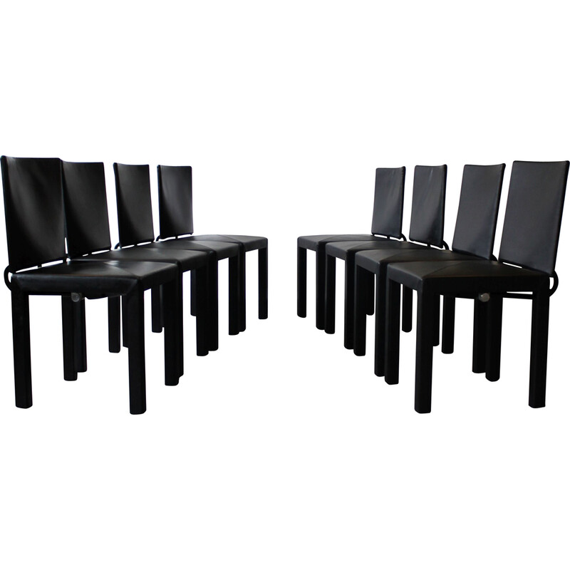 Set of 8 vintage Arcadia chairs in leather and black lacquered metal by Paolo Piva for B&B, Italy 1985s