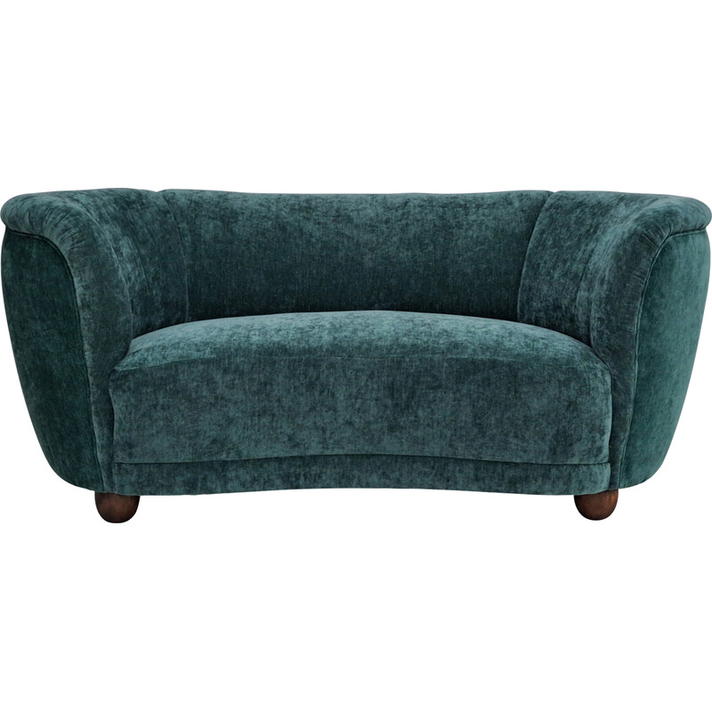 Vintage 2-seater "Banana" sofa in green velvet and oak, Denmark 1960s