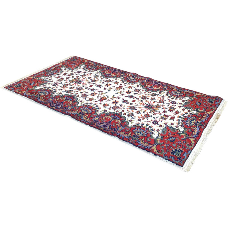 Tapis vintage persan en laine beige et rouge-bordeaux