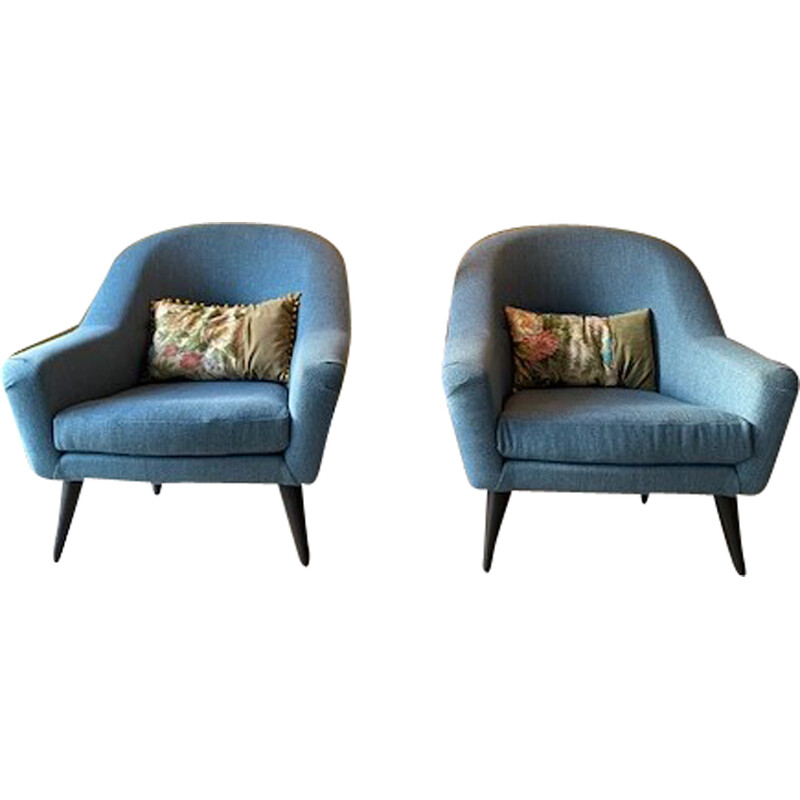 Pair of vintage armchairs in blue woven fabric by Charles Ramos, 1950s-1960s