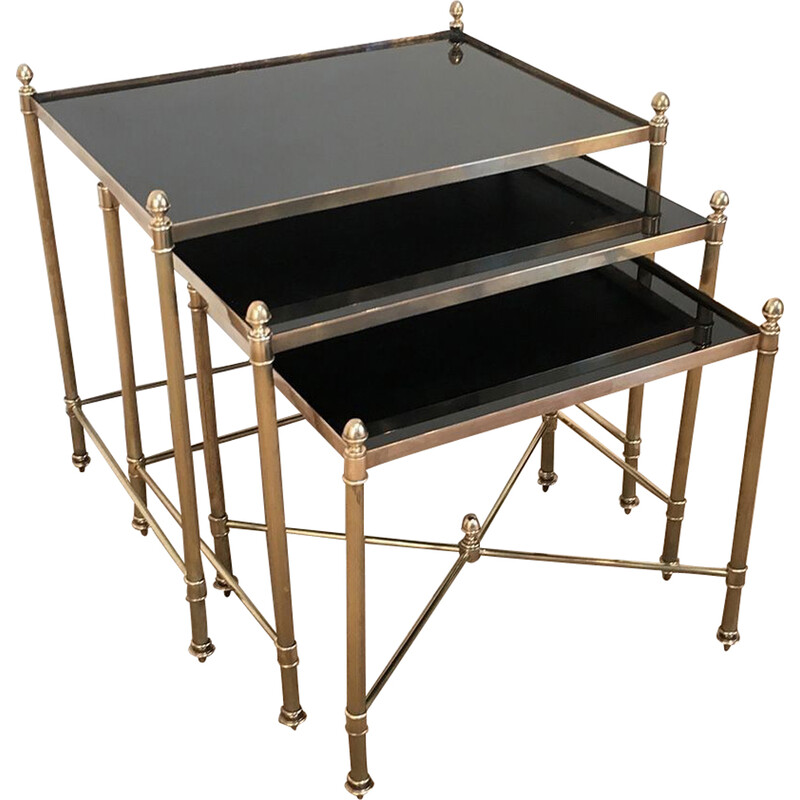 Vintage brass and glass nesting tables for Maison Jansen, France 1940s