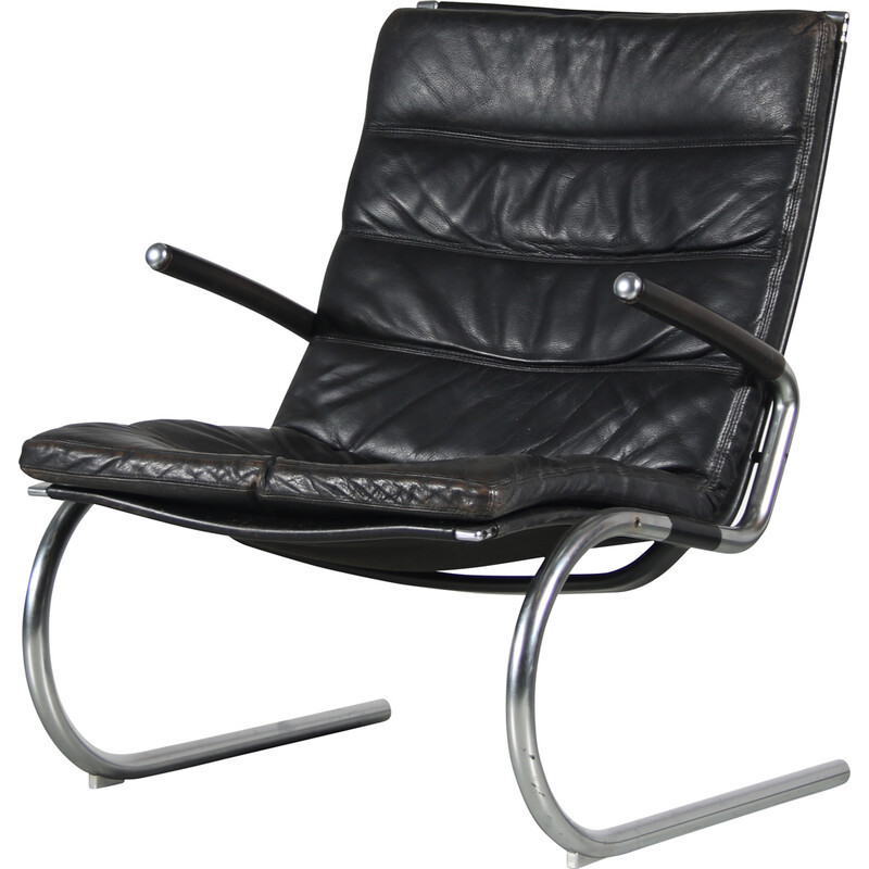 Vintage lounge chair in chromed metal and leather by Jorgen Kastholm, Denmark 1960s