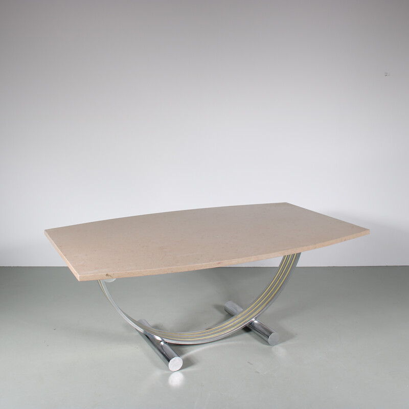 Table vintage en métal chromé et marbre par Romeo Rega, Italie 1970