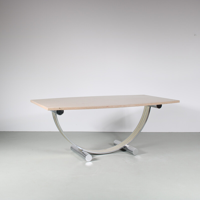 Table vintage en métal chromé et marbre par Romeo Rega, Italie 1970