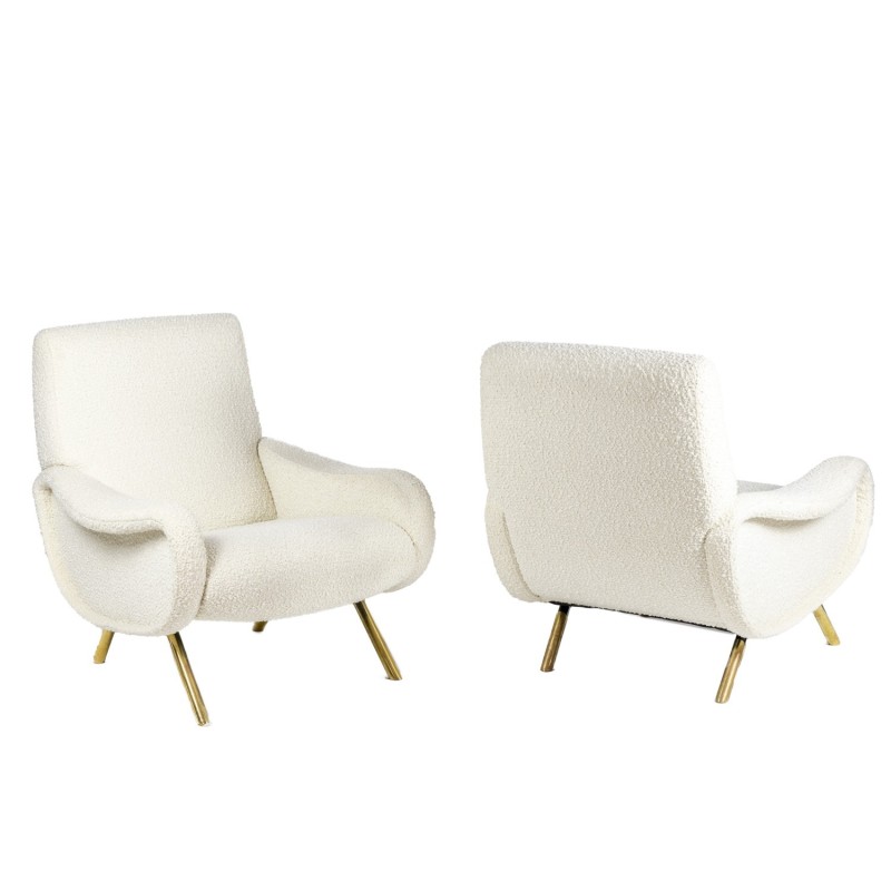 Pair of vintage Lady armchairs in brass and white fabric for Artflex, 1950s