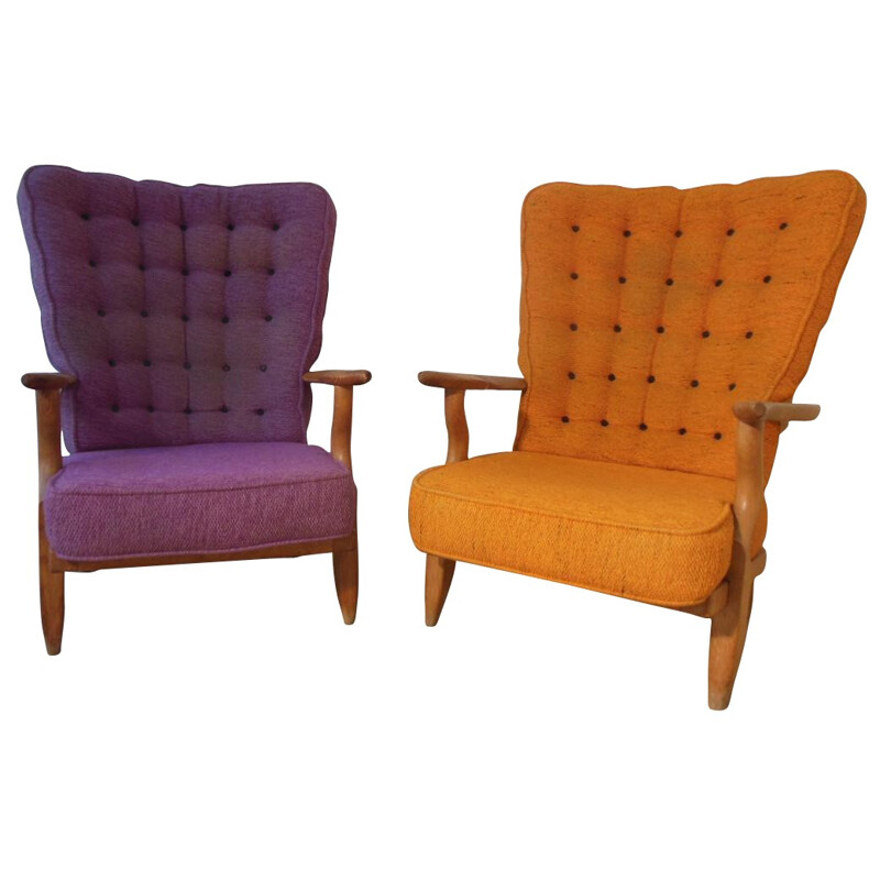 Paire de fauteuils orange et violet, GUILLERME et CHAMBRON - années 50