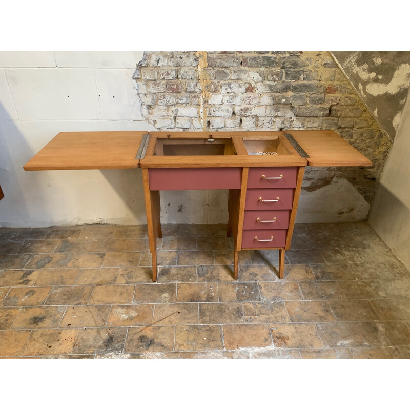 Vintage uittrekbaar bureau van metaal en hout, 1960