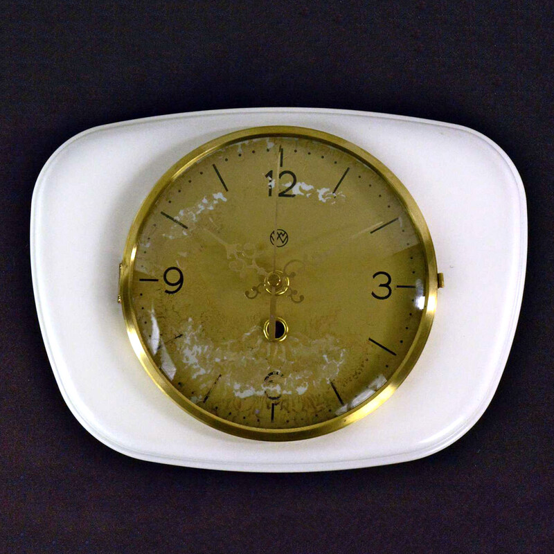 Vintage ceramic, glass and brass wall clock, Germany 1950s