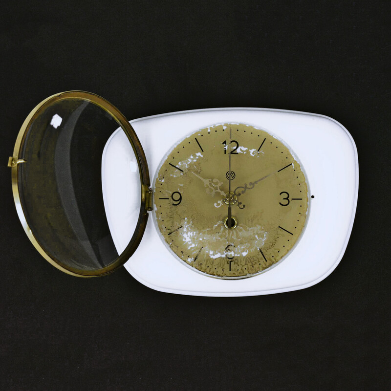 Vintage ceramic, glass and brass wall clock, Germany 1950s