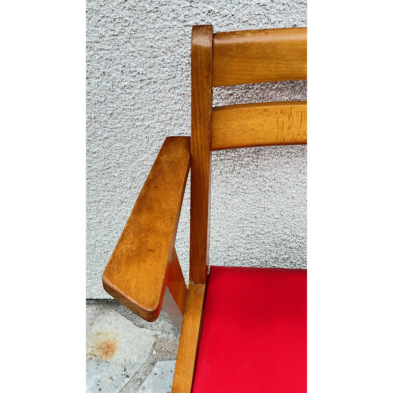 Sedia da ufficio skai vintage in legno e rosso brillante, 1950