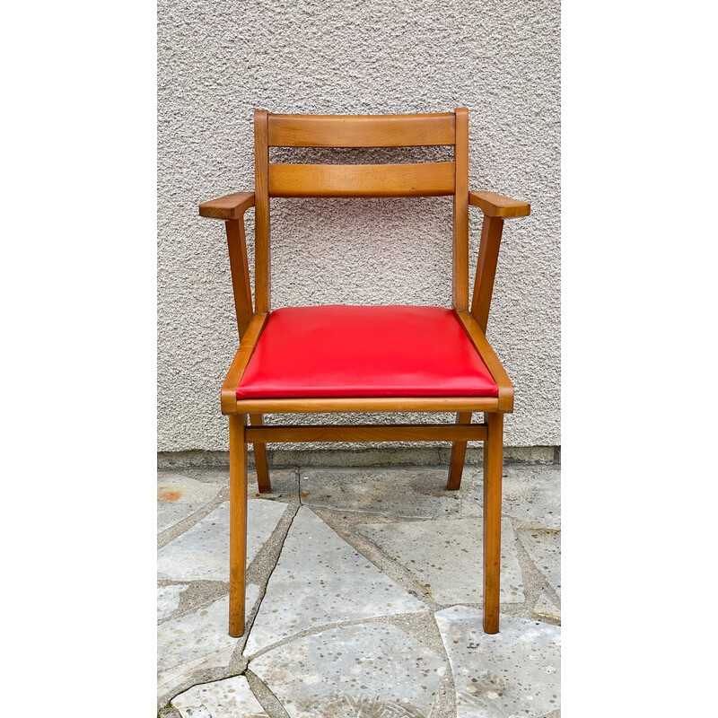 Vintage armchair in wood and bright red leatherette, 1950s