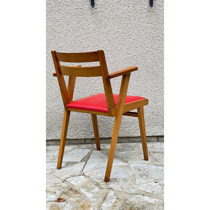 Fauteuil vintage en bois et skaï rouge vif, 1950