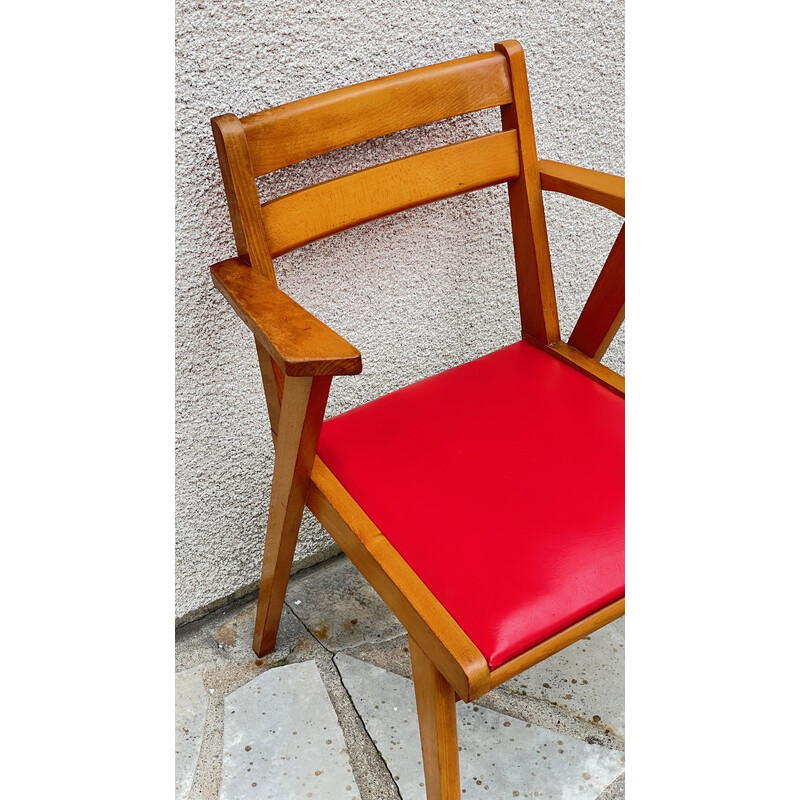 Vintage armchair in wood and bright red leatherette, 1950s