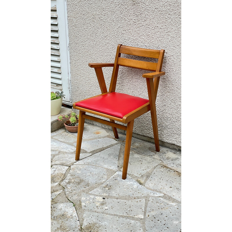 Vintage armchair in wood and bright red leatherette, 1950s