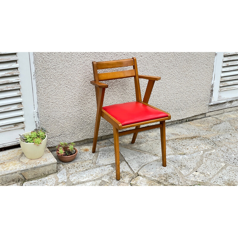 Vintage armchair in wood and bright red leatherette, 1950s