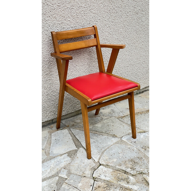 Fauteuil vintage en bois et skaï rouge vif, 1950