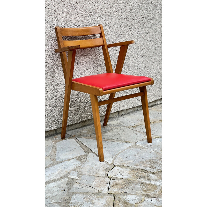 Vintage armchair in wood and bright red leatherette, 1950s