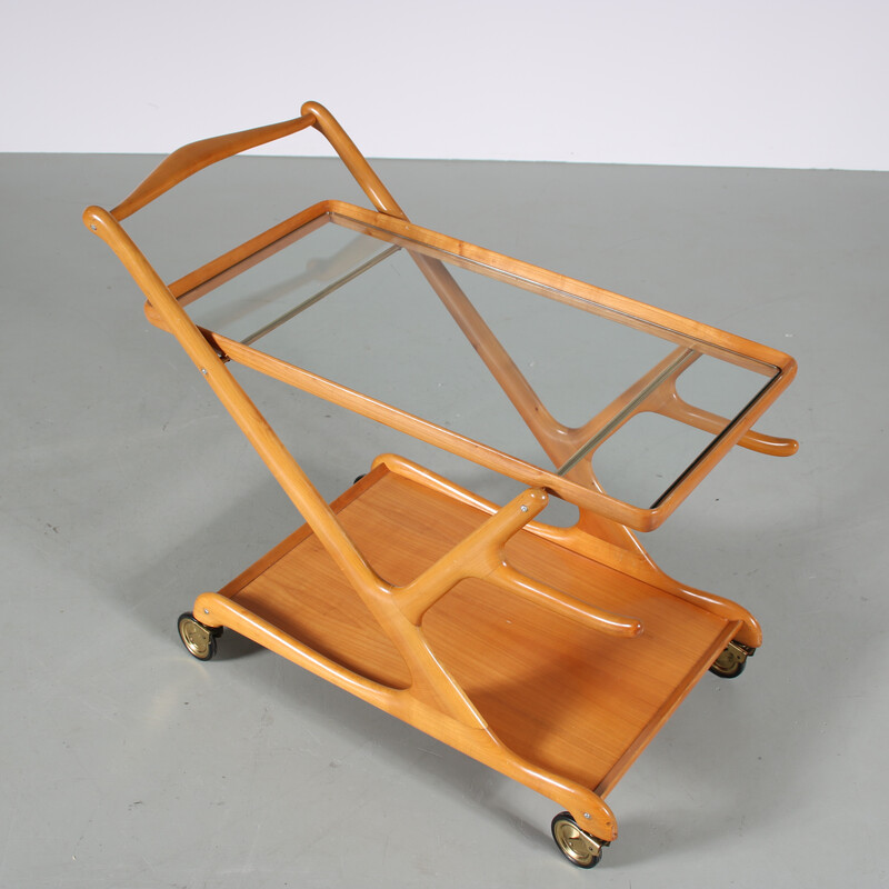 Vintage walnut and brass serving trolley by Cesare Lacca for Cassina, Italy 1950s