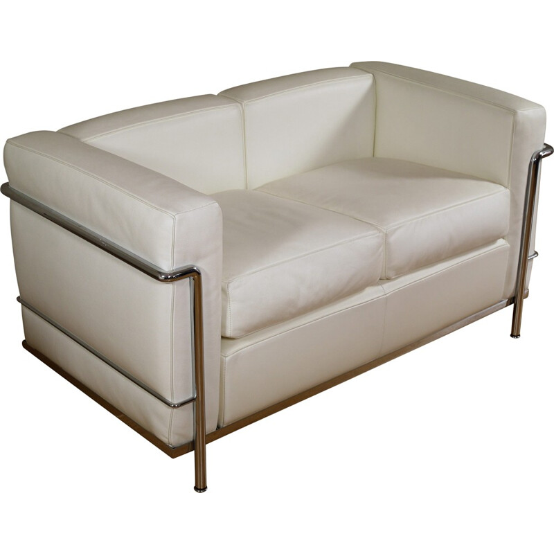 "LC2" 2-seater sofa Cassina in white leather Le Corbusier Perriand Janneret - 2000s